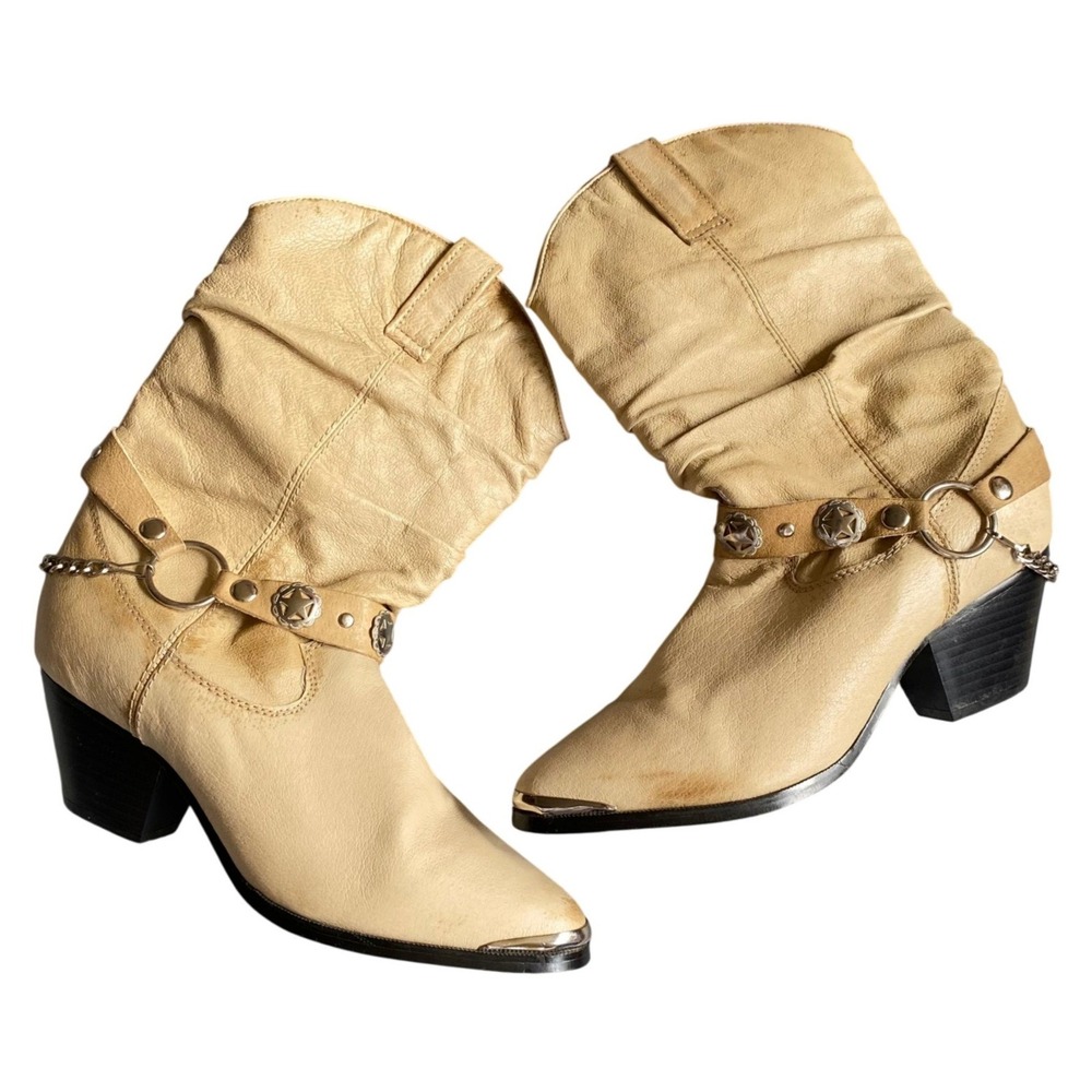 Dingo Olivia Leather Slouch Western Cream Harness Boots Star Chain 7 Cowgirl Y2K